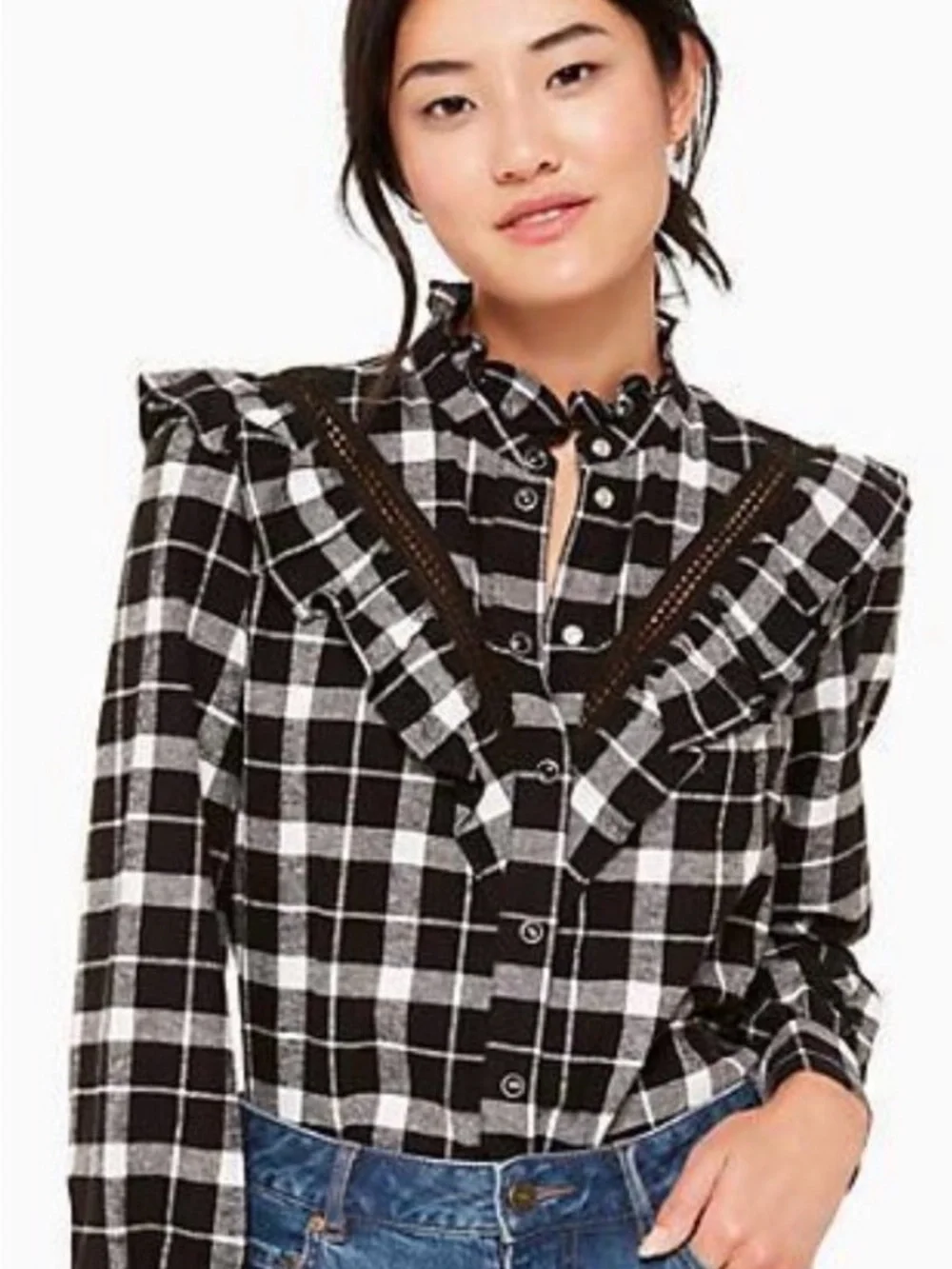 Kate Spade Top Small Black White Plaid Ruffle Button-Up Top Preppy Office Work